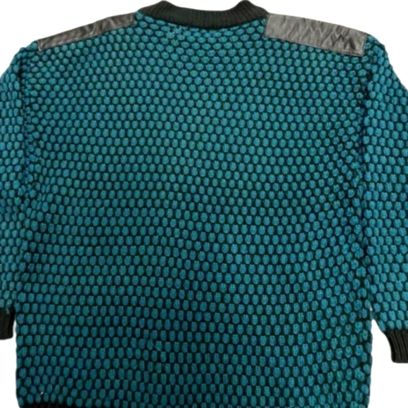Vtg Textured Black/ Green Crewneck 3d Cosby Sweater Leather Shoulder Tabs Sz M - Picture 7 of 11
